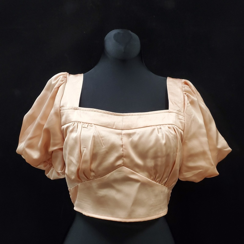 Just Me Women Puff Sleeve Milkmaid Coquette Satin Top Size S Pink Ballet Smocked